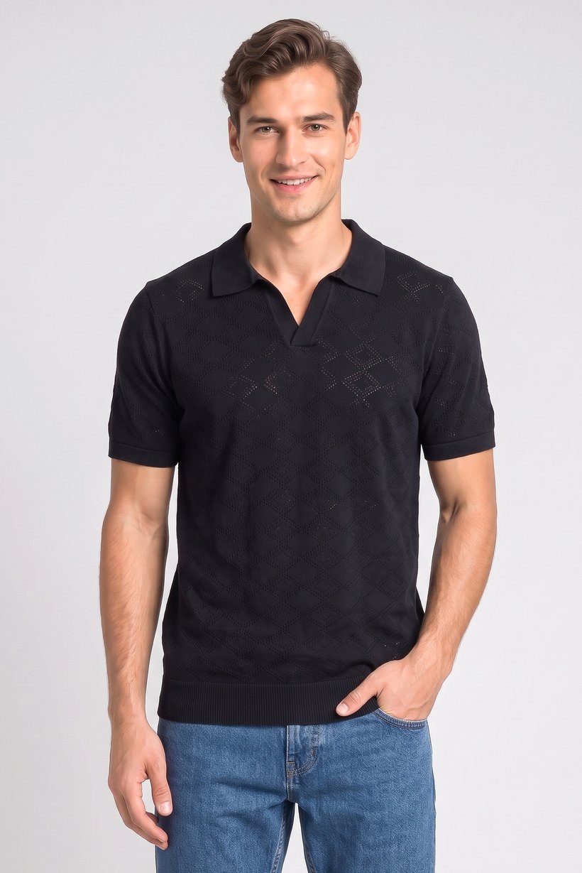 Men Regular Fit Knitted Short Sleeve Polo Shirt, Navy Blue