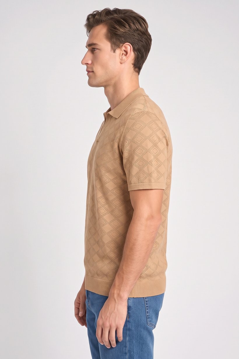 Men Regular Fit Knitted Short Sleeve Polo Shirt, Light Tan