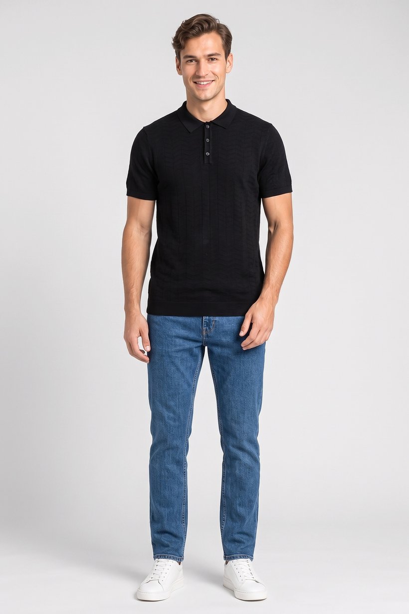 Men Regular Fit Textured Short Sleeve Polo Shirt, Black