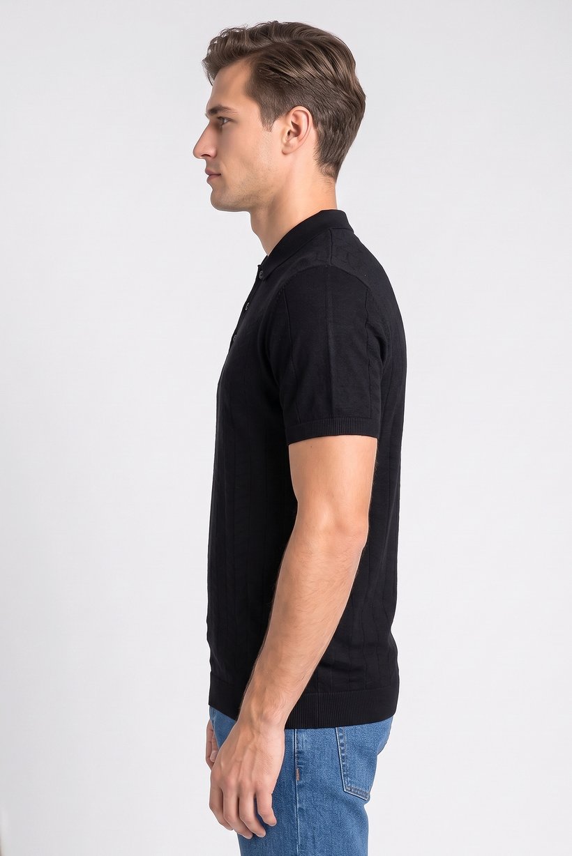 Men Regular Fit Textured Short Sleeve Polo Shirt, Black
