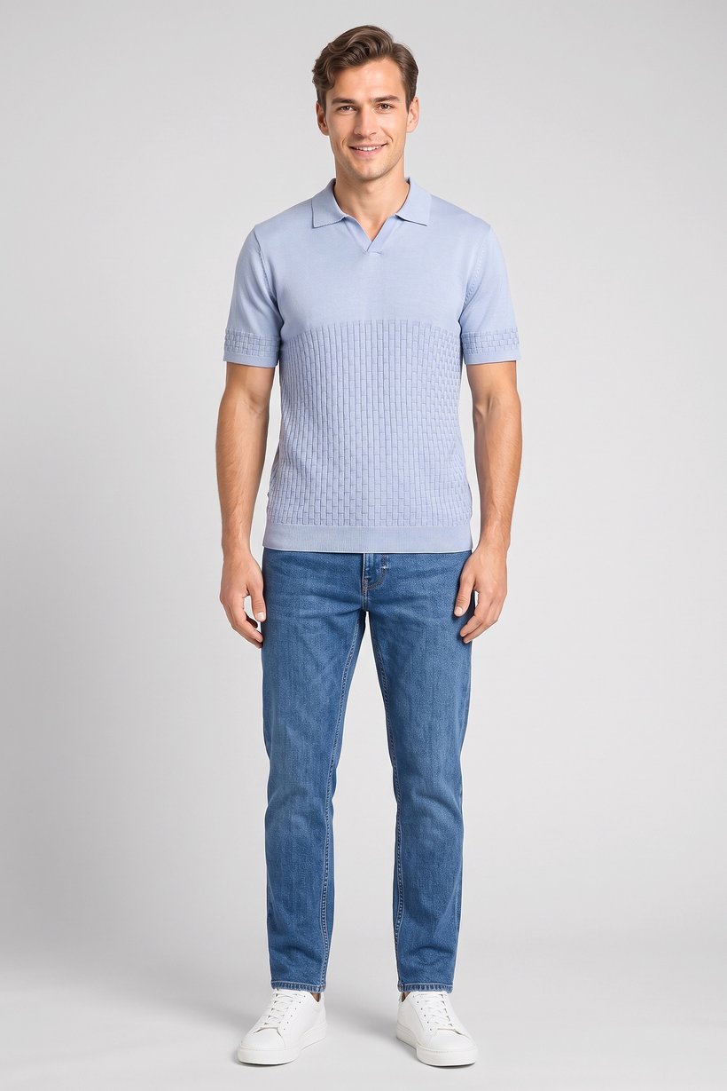 Men Regular Fit Textured Short Sleeve Polo Shirt, Light Blue