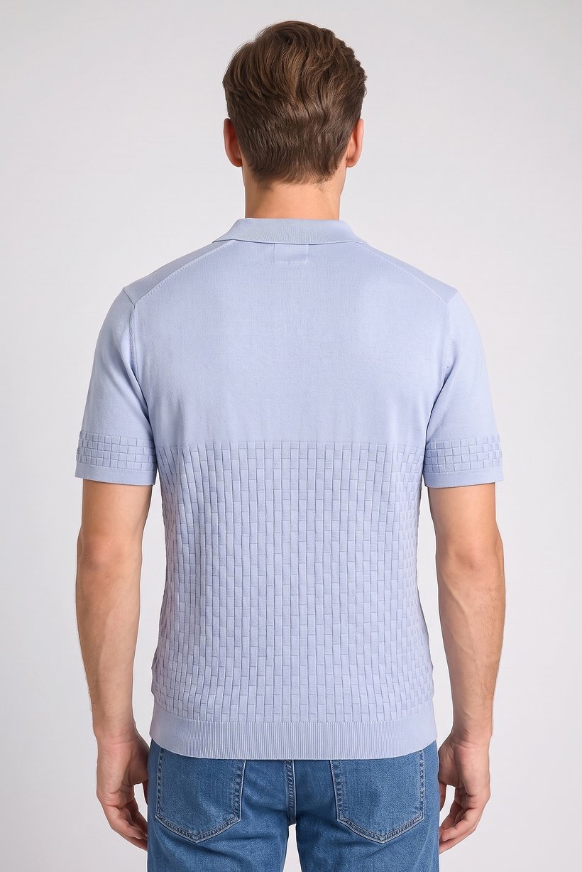 Men Regular Fit Textured Short Sleeve Polo Shirt, Light Blue