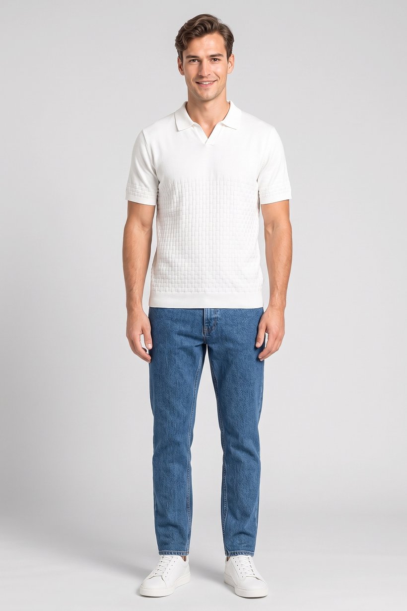 Men Regular Fit Textured Short Sleeve Polo Shirt, White