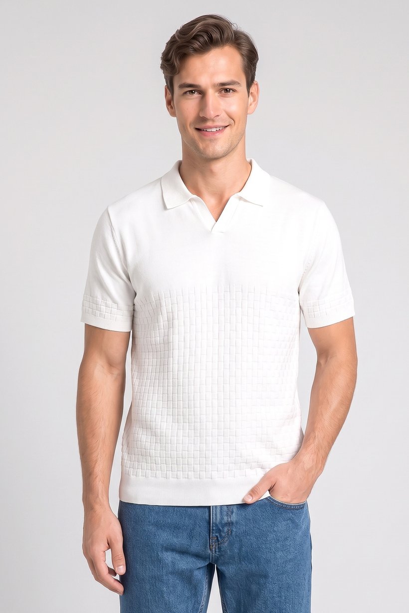 Men Regular Fit Textured Short Sleeve Polo Shirt, White