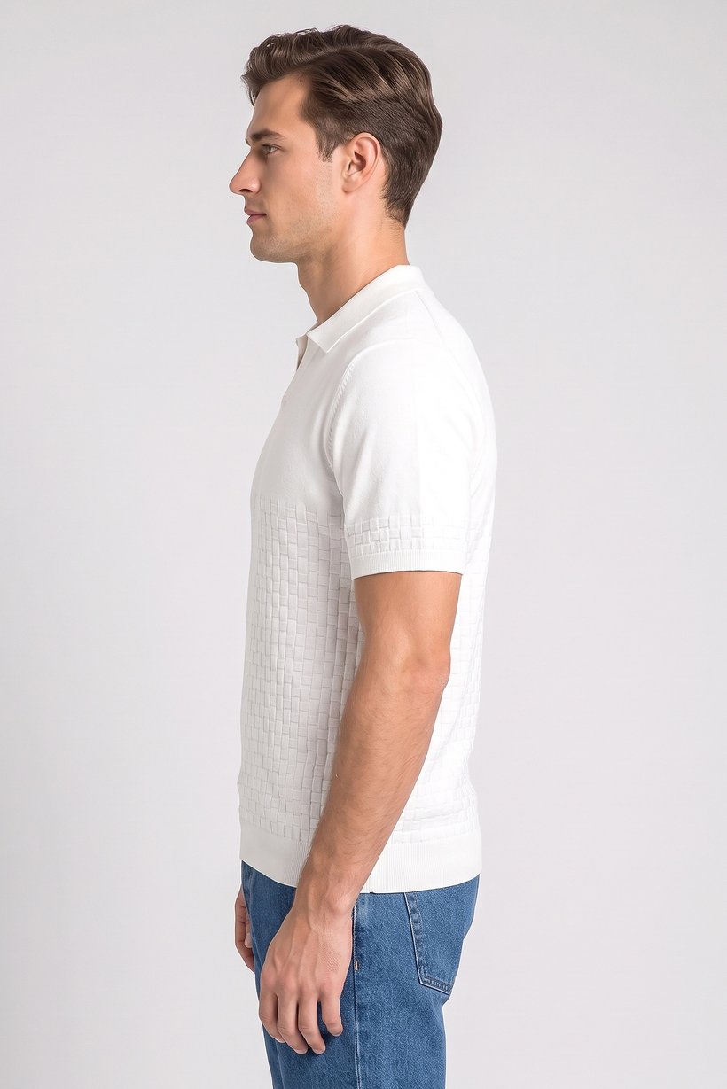 Men Regular Fit Textured Short Sleeve Polo Shirt, White