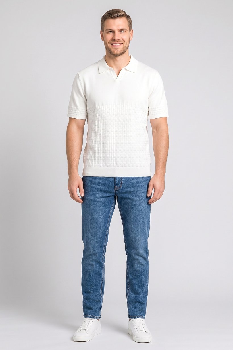 Men Regular Fit Textured Short Sleeve Polo Shirt, White