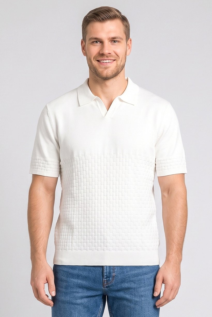 Men Regular Fit Textured Short Sleeve Polo Shirt, White