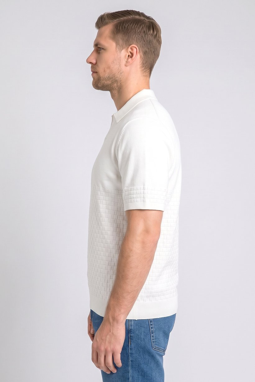 Men Regular Fit Textured Short Sleeve Polo Shirt, White