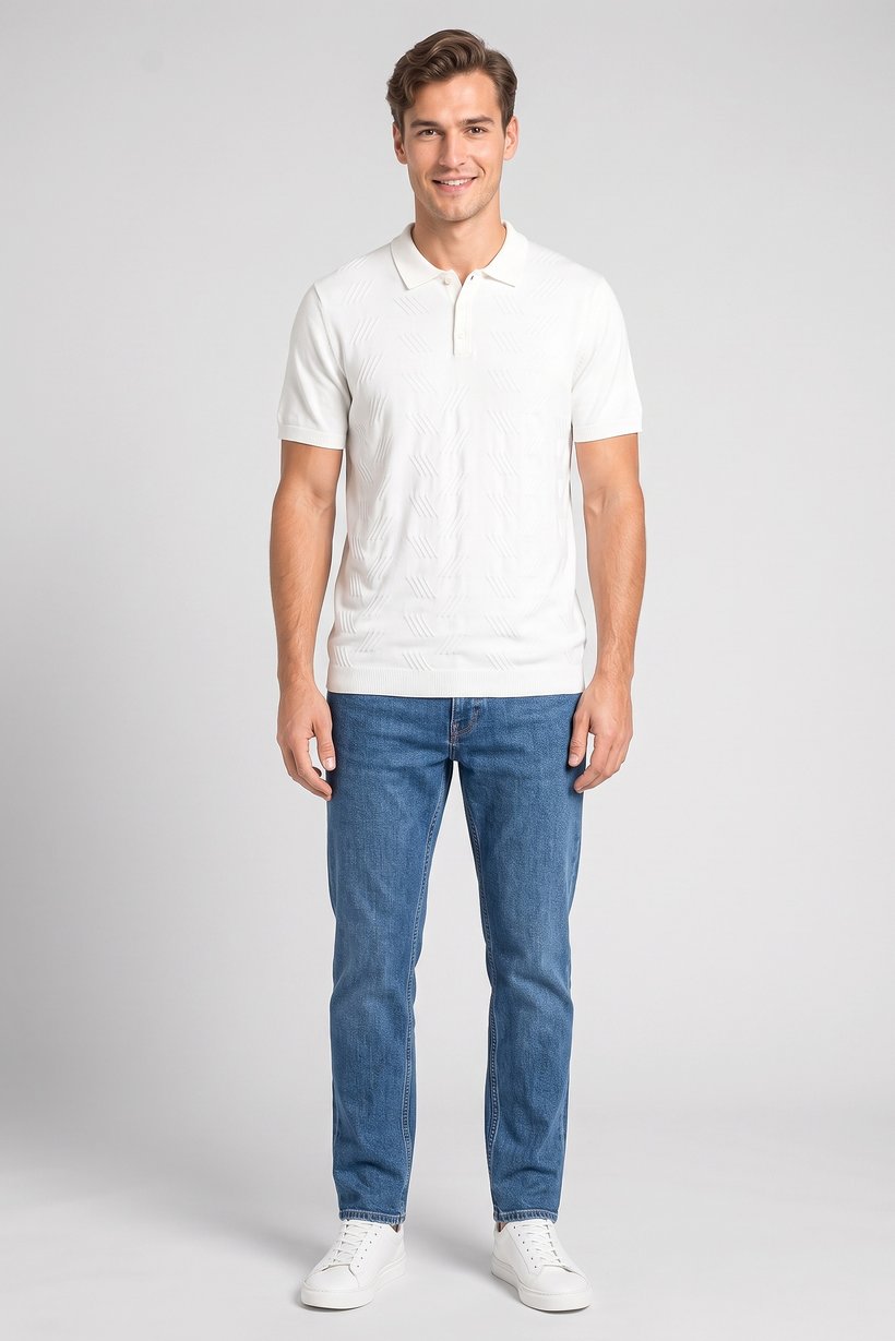 Men Regular Fit Short Sleeve Textured Polo, White