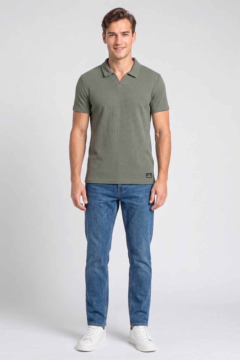 Men Regular Fit Short Sleeve Textured Polo Shirt, Olive