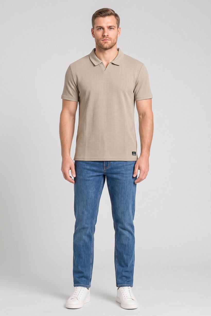 Men Regular Fit Short Sleeve Textured Polo Shirt, Tan