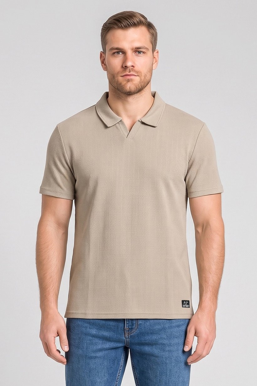 Men Regular Fit Short Sleeve Textured Polo Shirt, Tan