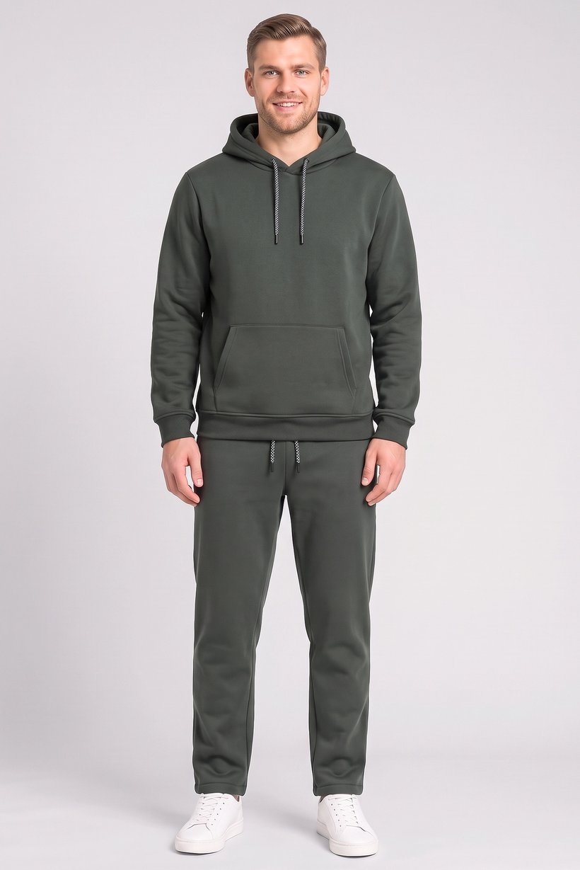 Men 2 Pieces Long Sleeve Plain Hoodies And Sweatpants Set, Forest Green