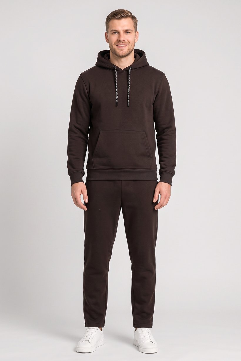 Men 2 Pcs Plain Hoodie And Sweatpant Set, Brown