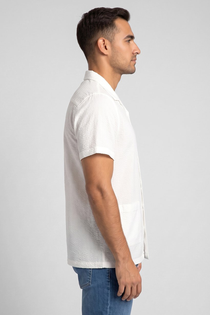 Men Regular Fit Short Sleeve Textured Casual Shirt, White