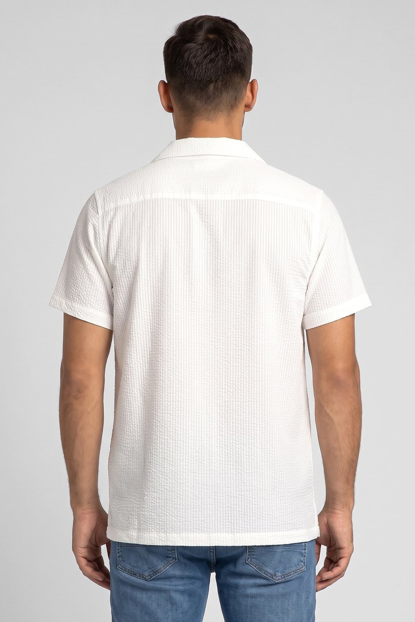 Men Regular Fit Short Sleeve Textured Casual Shirt, White