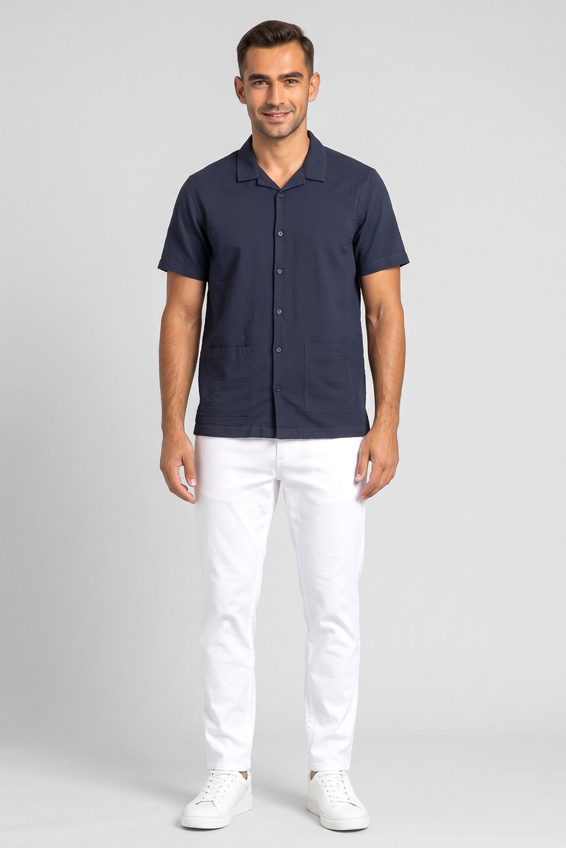 Men Regular Fit Short Sleeve Textured Casual Shirt, Navy