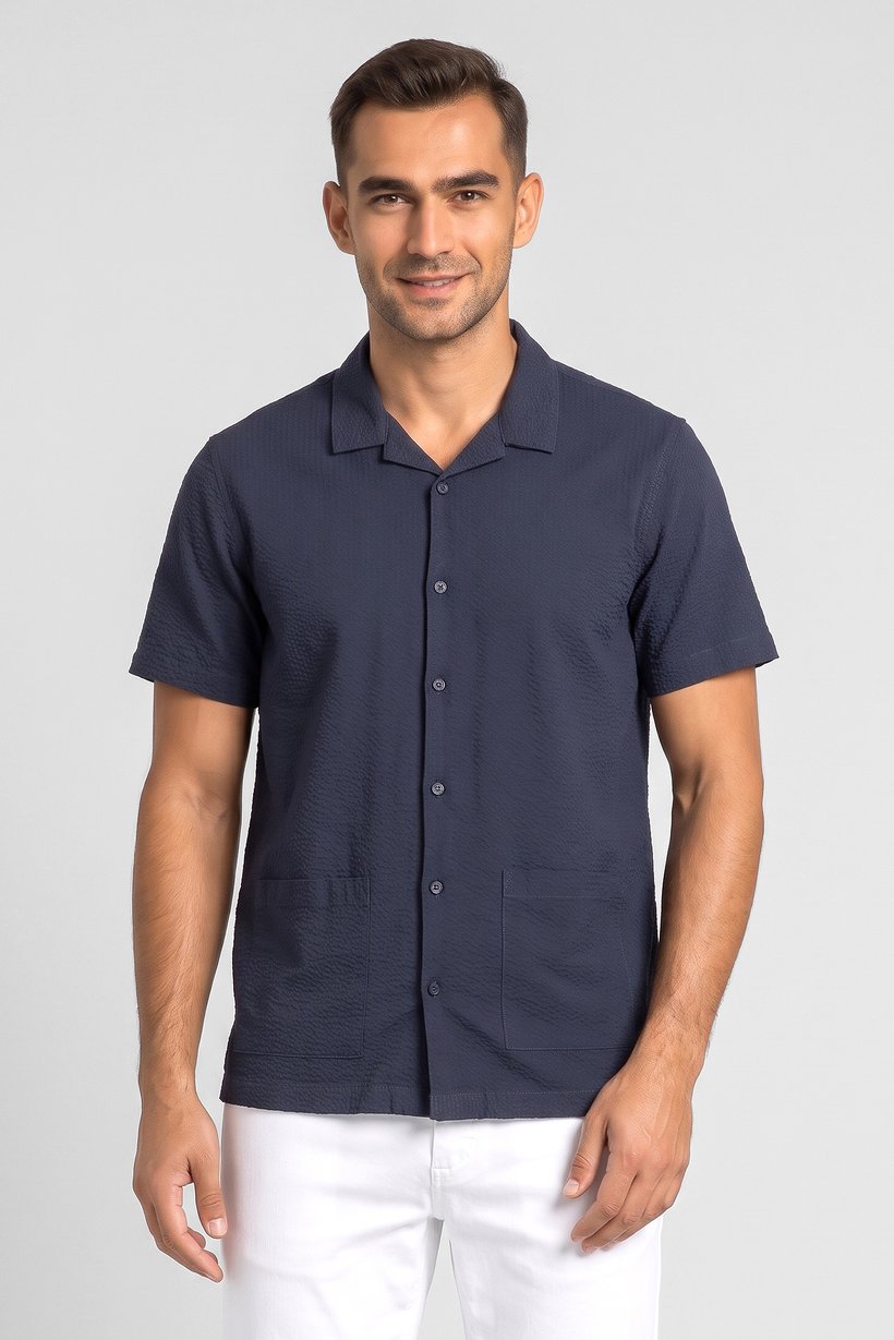 Men Regular Fit Short Sleeve Textured Casual Shirt, Navy