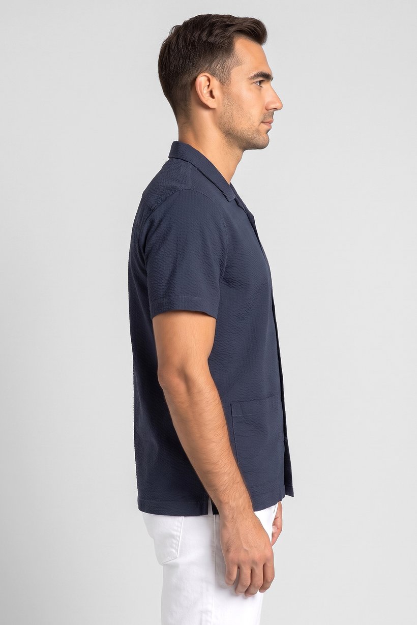 Men Regular Fit Short Sleeve Textured Casual Shirt, Navy