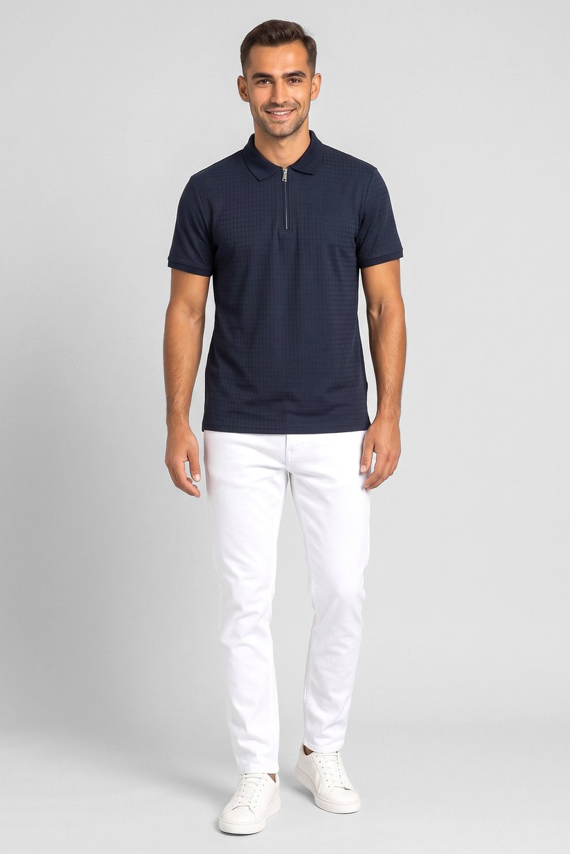 Men Regular Fit Checkered Short Sleeve Polo Shirt, Navy