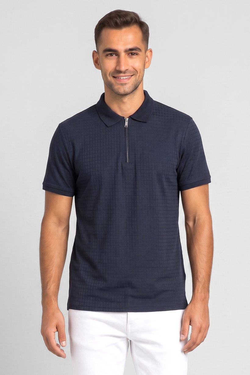 Men Regular Fit Checkered Short Sleeve Polo Shirt, Navy