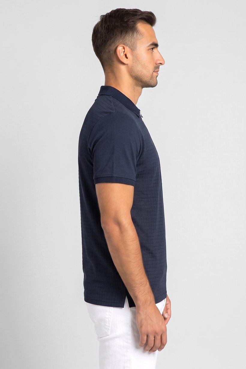 Men Regular Fit Checkered Short Sleeve Polo Shirt, Navy