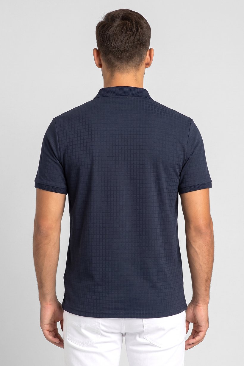 Men Regular Fit Checkered Short Sleeve Polo Shirt, Navy