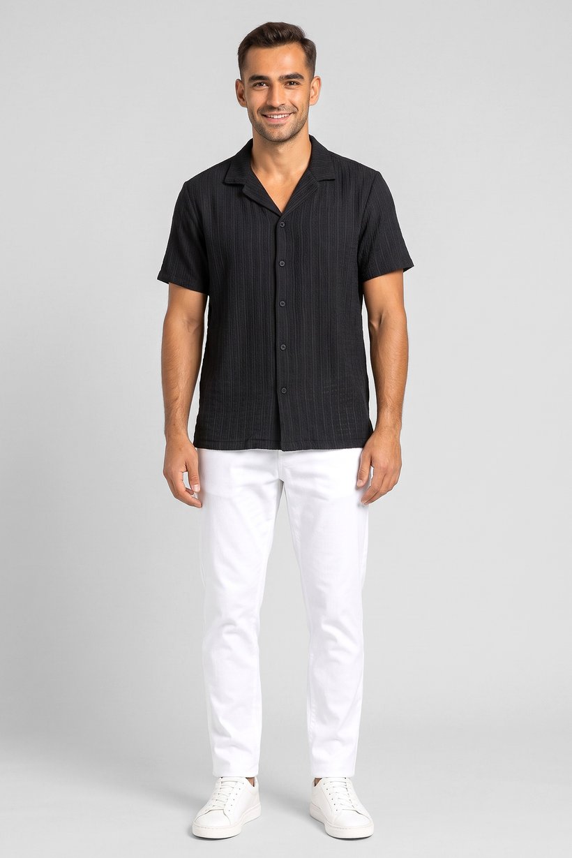 Men Regular Fit Short Sleeve Textured Casual Shirt, Black