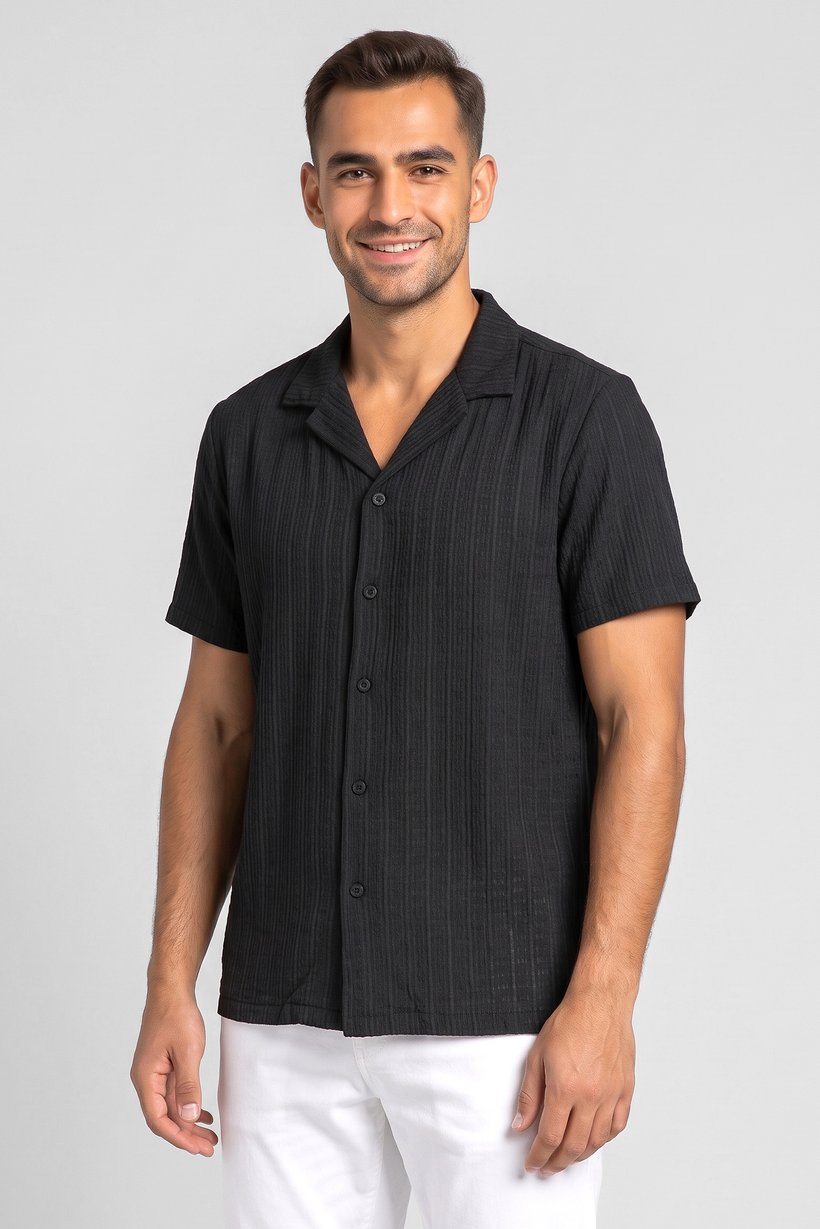 Men Regular Fit Short Sleeve Textured Casual Shirt, Black