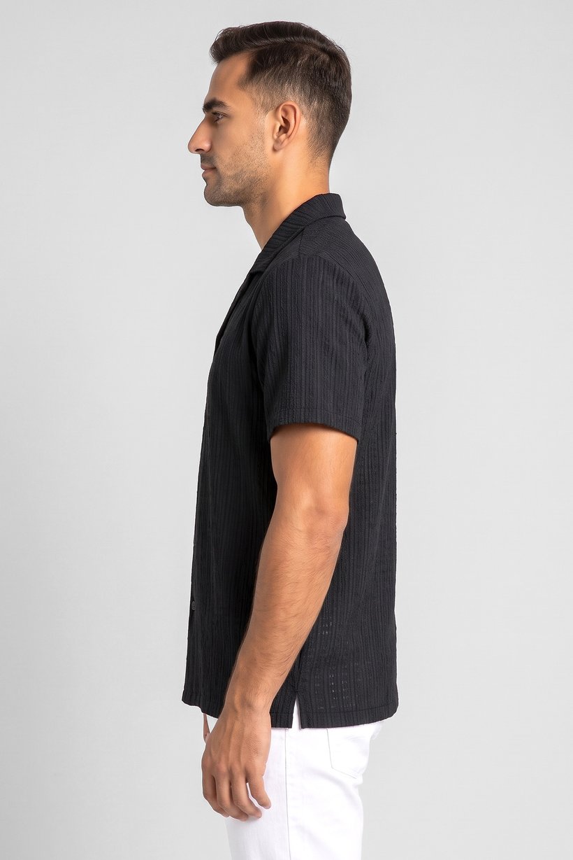 Men Regular Fit Short Sleeve Textured Casual Shirt, Black