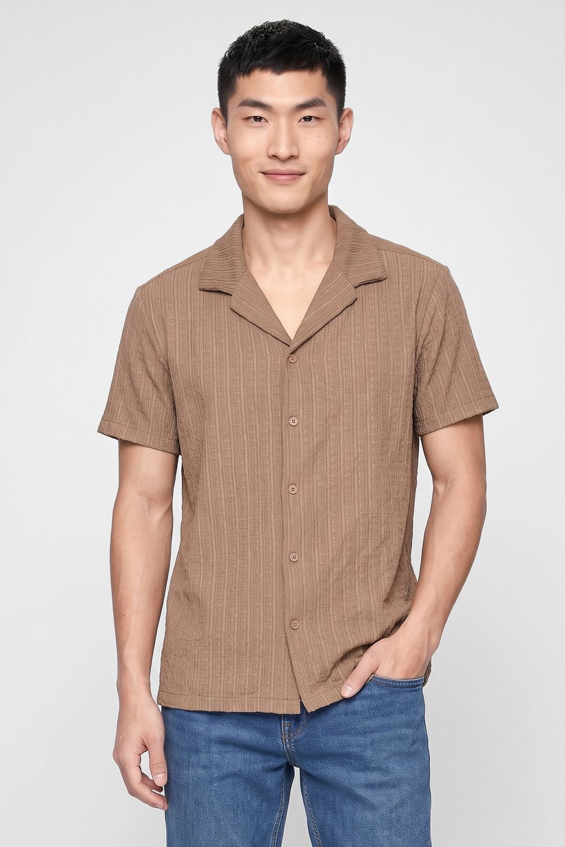 Men Regular Fit Spread Collar Short Sleeve Textured Casual Shirt, Tan