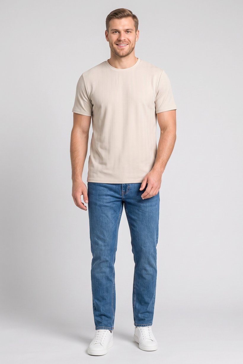 Men Crew Neck Short Sleeve Textured T-Shirt, Beige