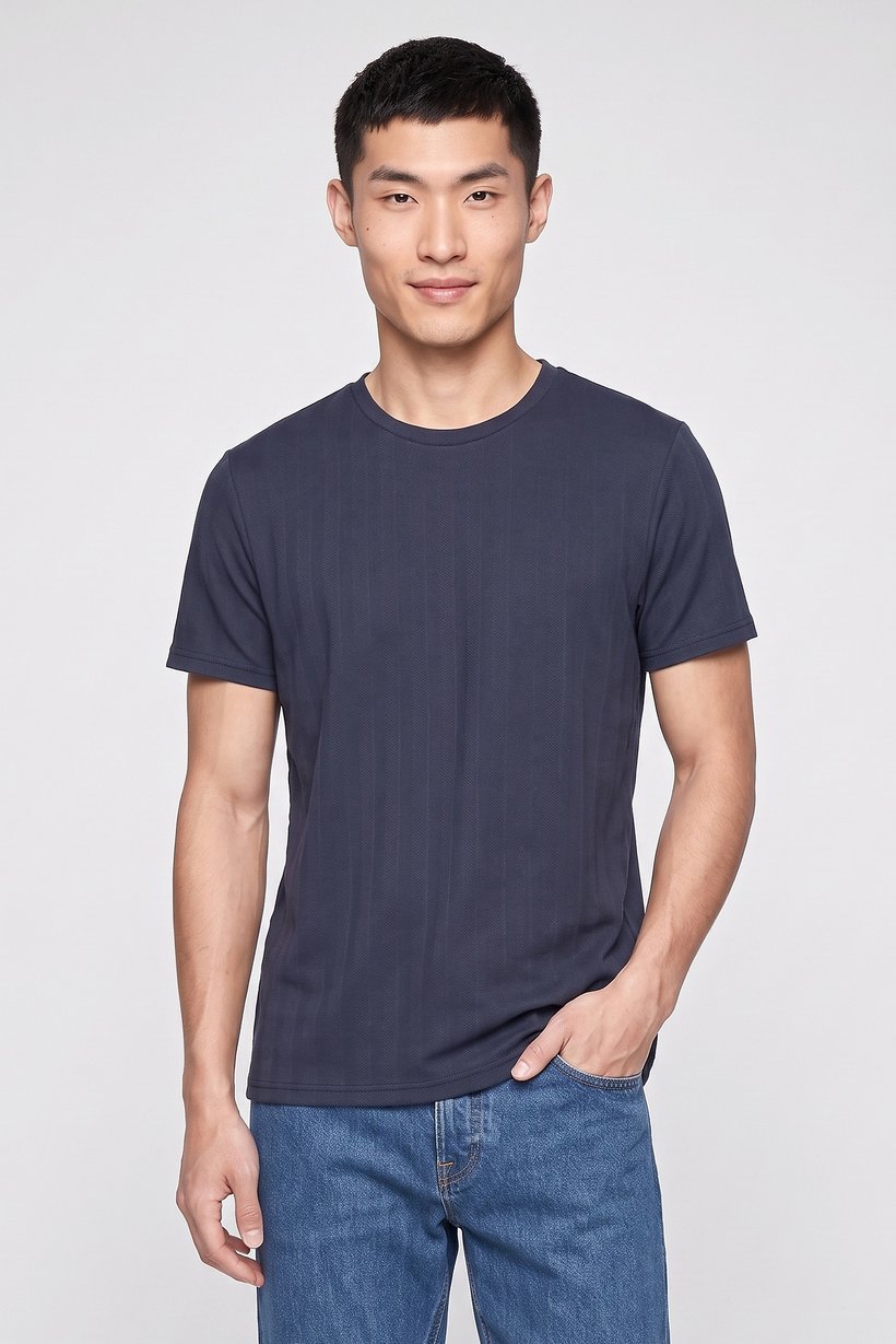 Men Crew Neck Short Sleeve Textured T-Shirt, Dark Navy