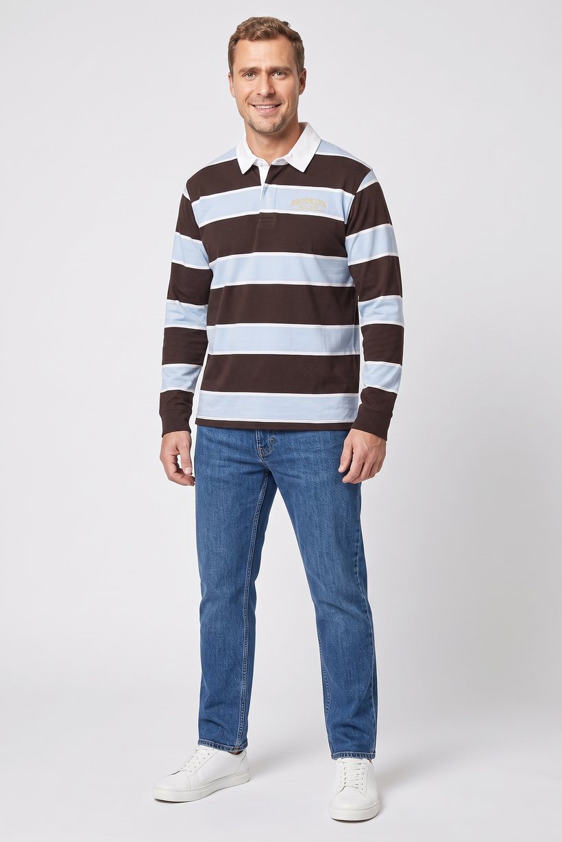 Men Regular Fit Long Sleeve Stripe Polo Shirt, Multicolor