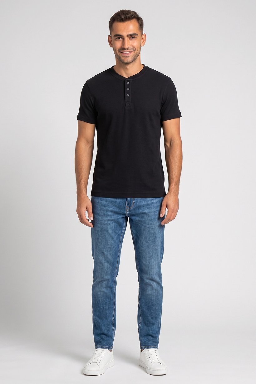 Men Henley Neck Short Sleeve Heather T-Shirt, Black