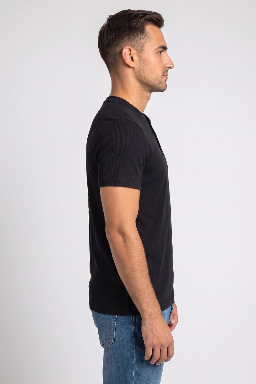 Men Henley Neck Short Sleeve Heather T-Shirt, Black