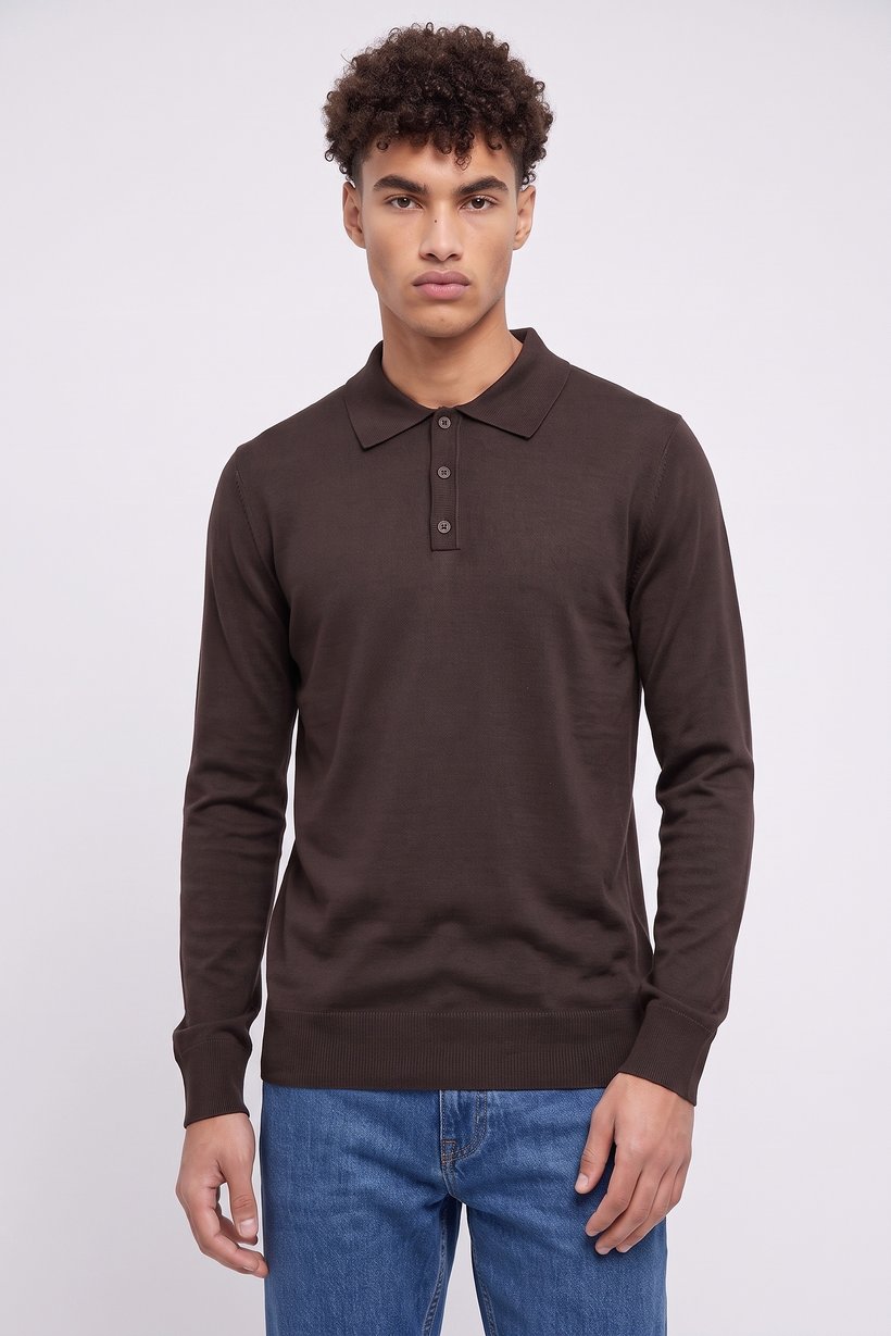 Men Spread Collar Knitted Long Sleeve Sweatshirt, Chocolate Brown