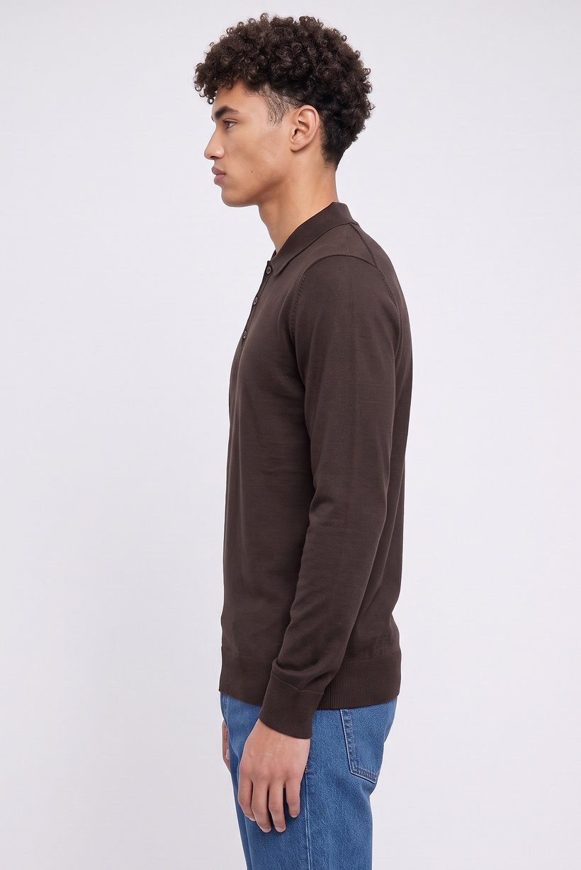 Men Spread Collar Knitted Long Sleeve Sweatshirt, Chocolate Brown