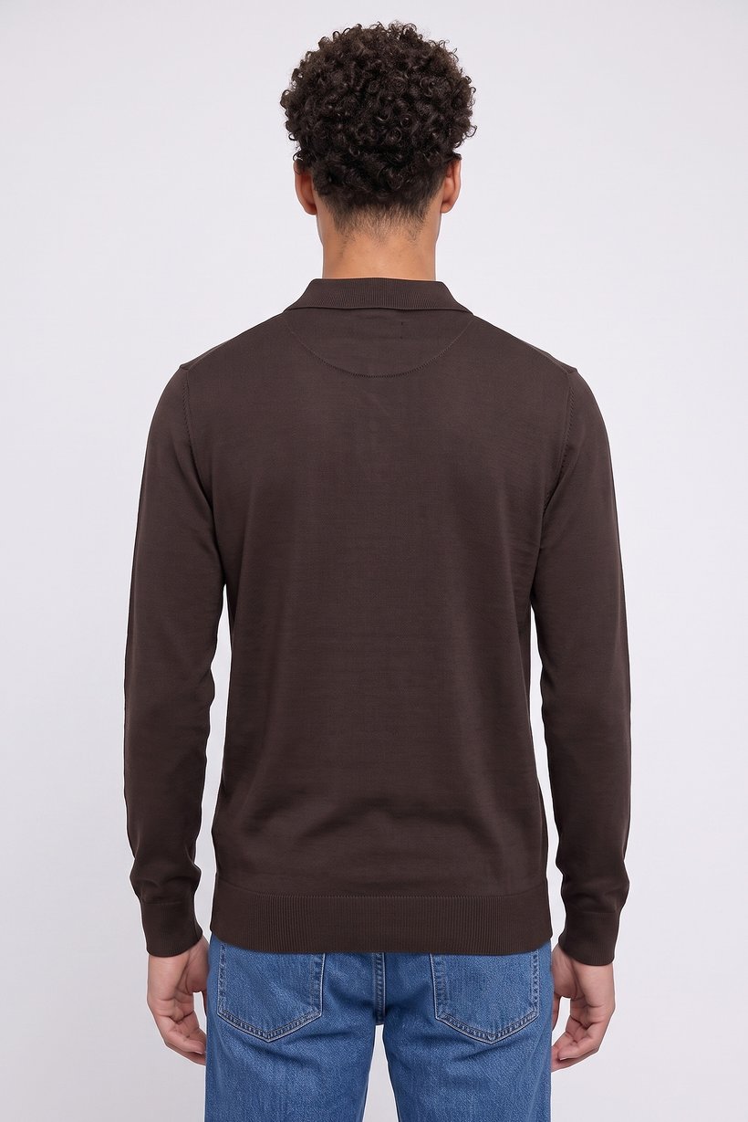 Men Spread Collar Knitted Long Sleeve Sweatshirt, Chocolate Brown