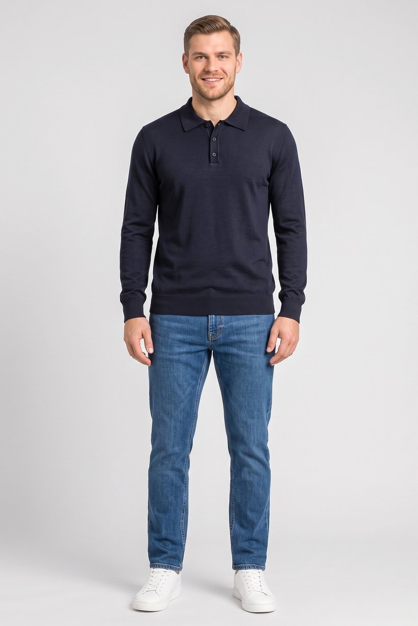 Men Spread Collar Long Sleeve Knitted Polo Shirt, Navy