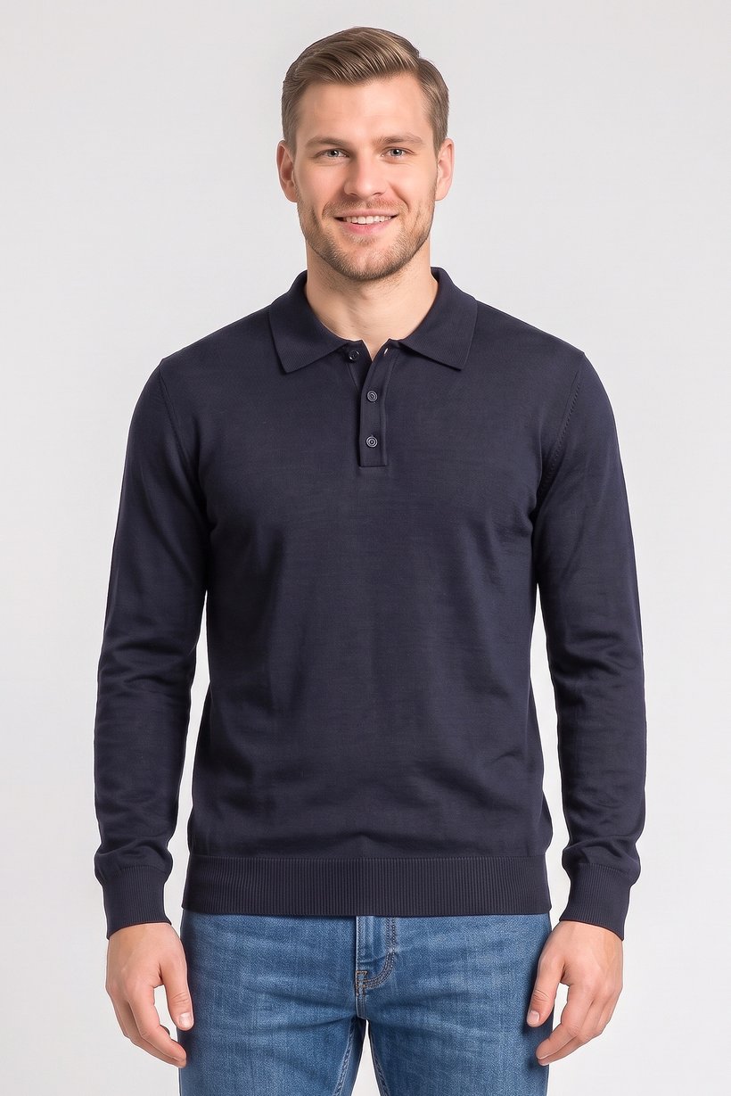 Men Spread Collar Long Sleeve Knitted Polo Shirt, Navy
