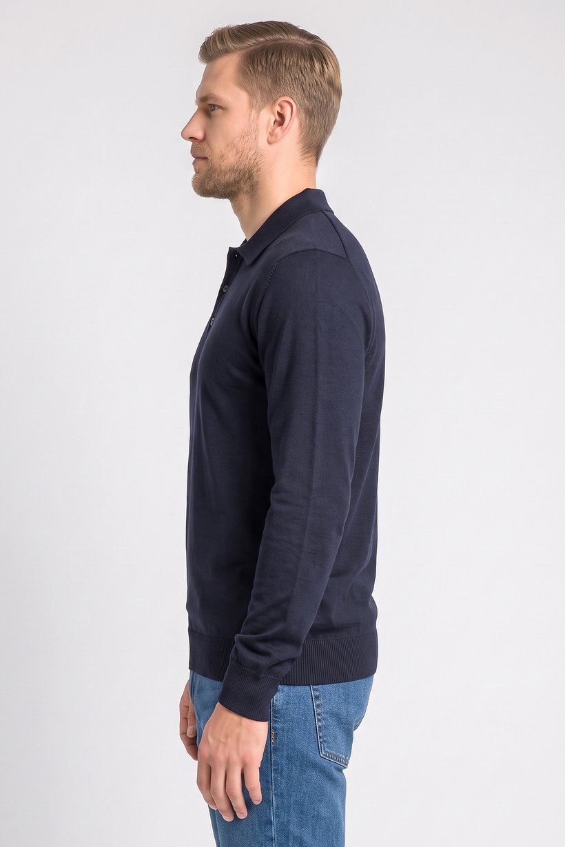 Men Spread Collar Long Sleeve Knitted Polo Shirt, Navy
