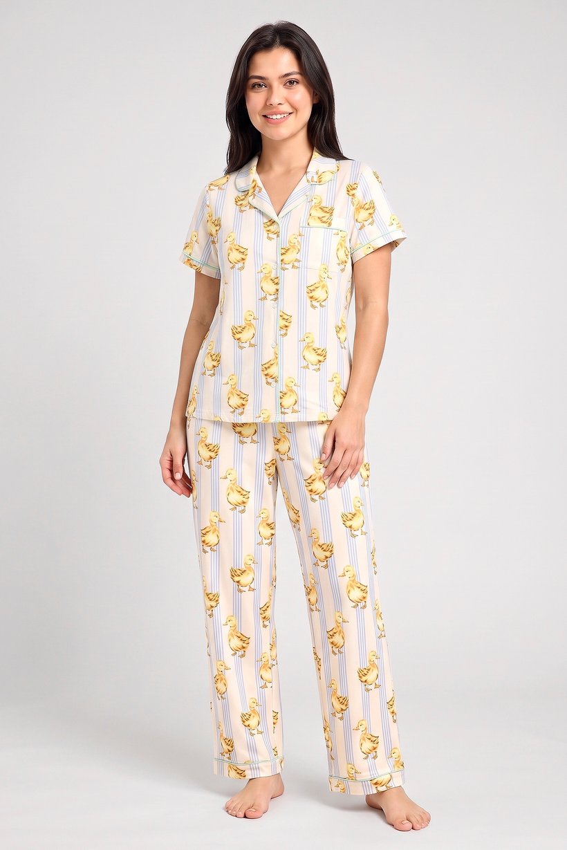 Women 2 Pieces Allover Print Short Sleeve Top And Pants Pajama Set, Multicolor