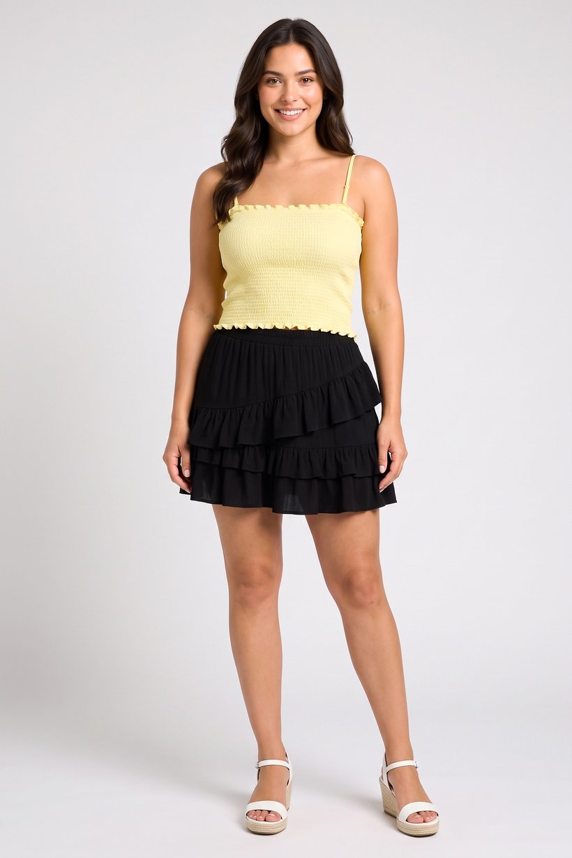 Women Square Neck Sleeveless Textured Tank Top, Yellow