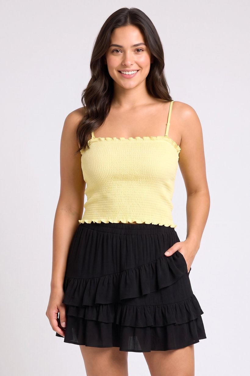 Women Square Neck Sleeveless Textured Tank Top, Yellow