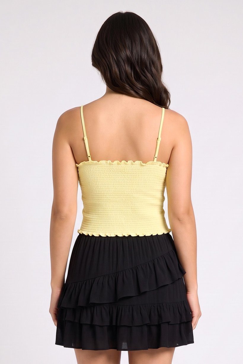 Women Square Neck Sleeveless Textured Tank Top, Yellow