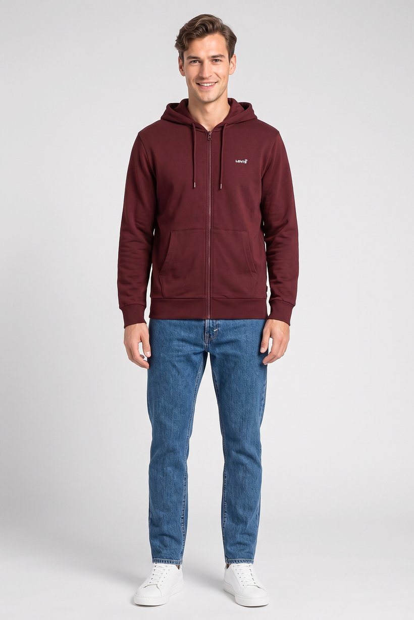 Men Full Zip Long Sleeve Brand Logo Hoodie, Dark Burgundy