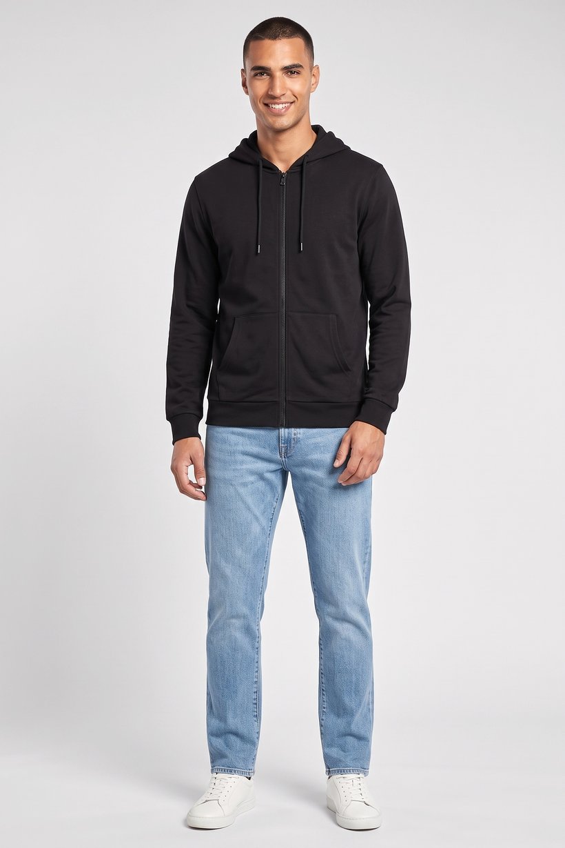 Men Long Sleeve Plain Full Zip Hoodie, Black