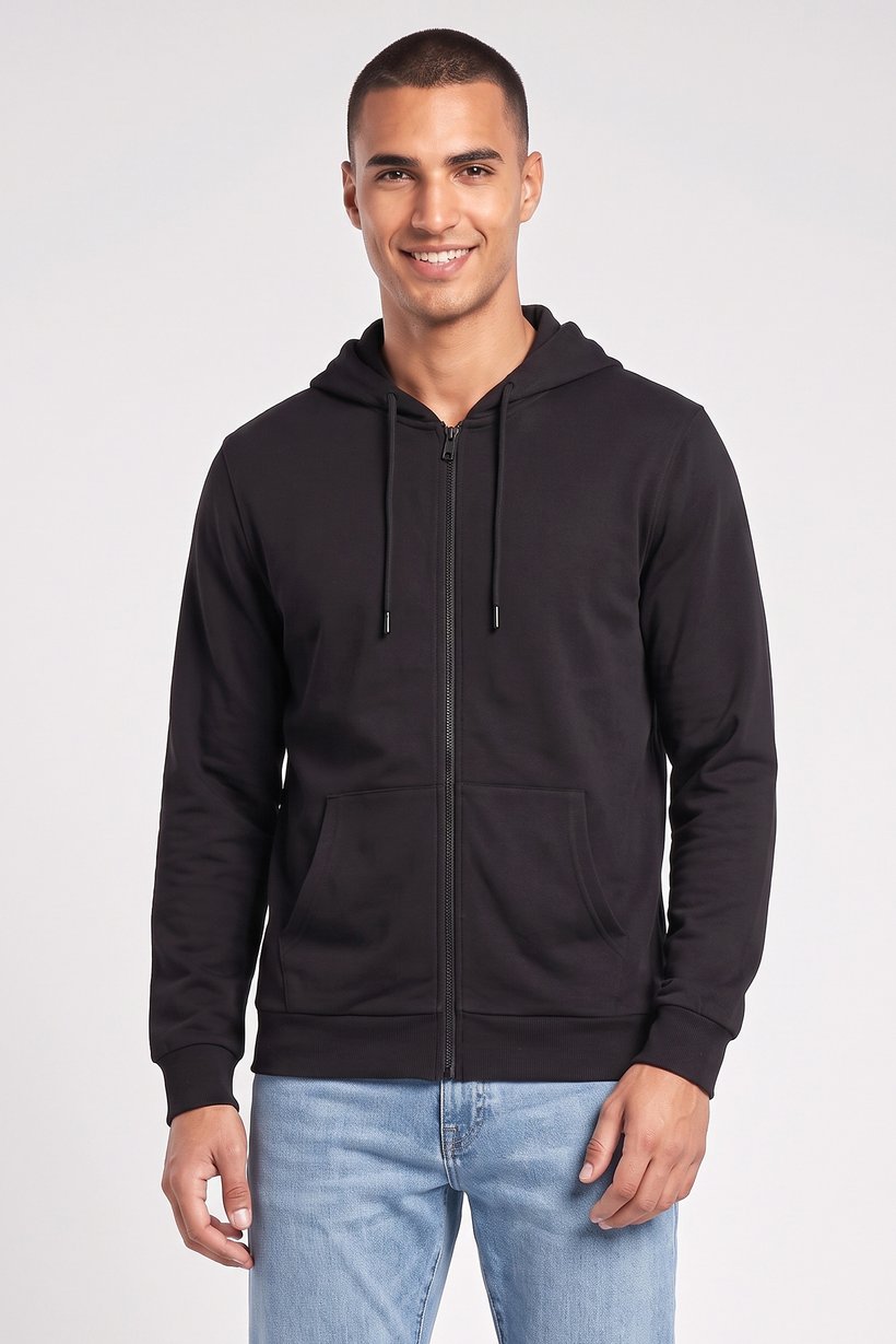 Men Long Sleeve Plain Full Zip Hoodie, Black
