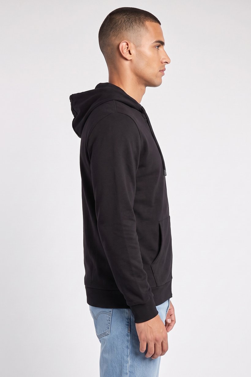 Men Long Sleeve Plain Full Zip Hoodie, Black